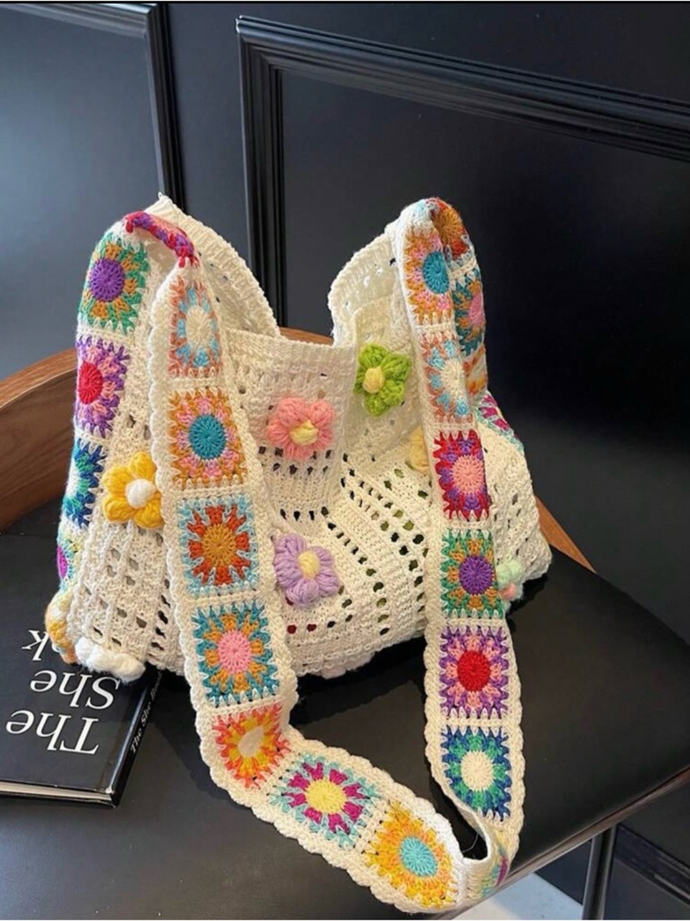 Handmade Crochet Floral Cream Tote Bag with Multicolor Strap